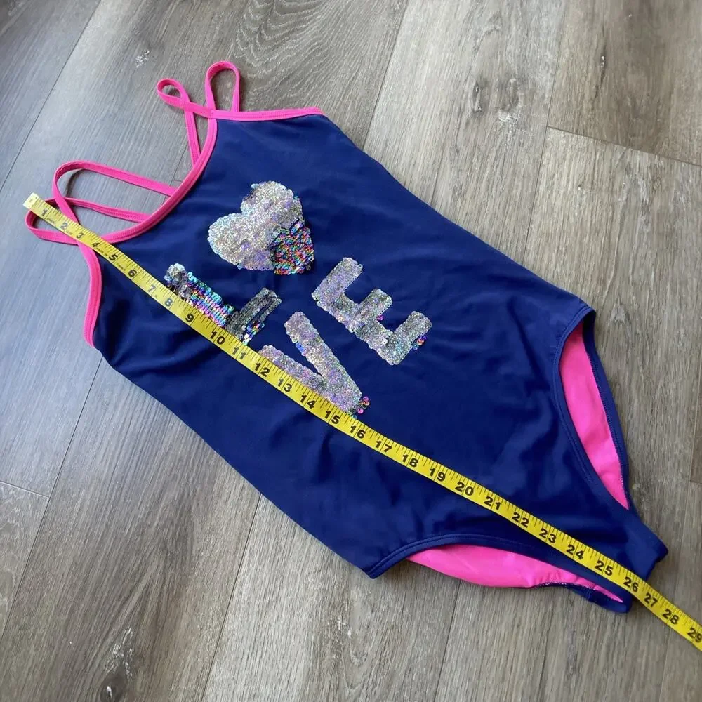Justice One Piece Swimsuit Sz 14 Blue Pink Lining LOVE Sequin Flip Modest